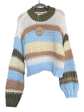 BiBi Cropped Striped Knit Sweater in Blue, Cream & Olive